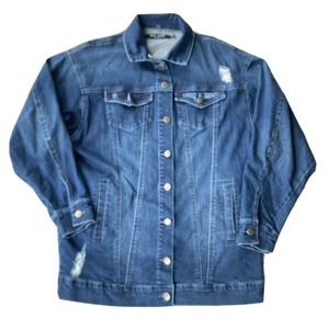 MAX JEANS Distressed Denim Jean Jacket Cotton Blend Stretch Size XS Pockets Blue